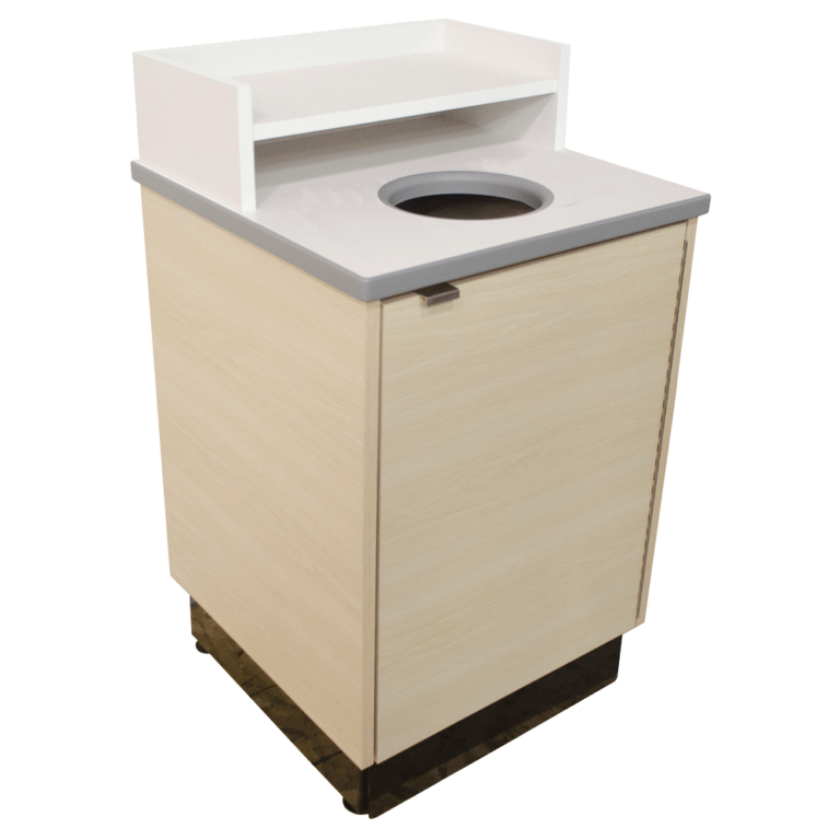 Round drop top waste receptacle with tray shelf for restaurants and cafeterias plymold